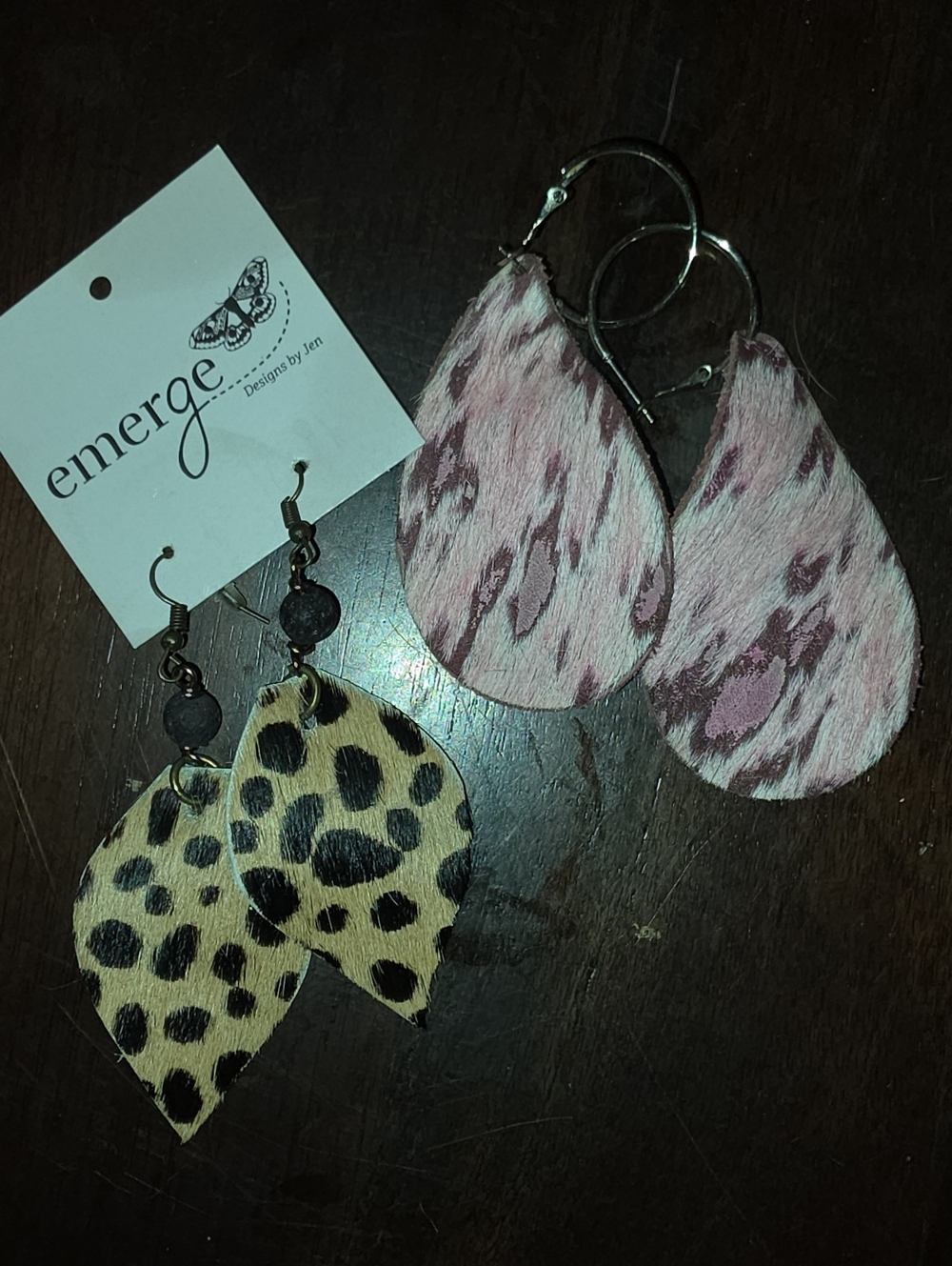 Leather Horse Hair Pink Marbled Teardrop Hoops & Leopard Leaf Dangles Set